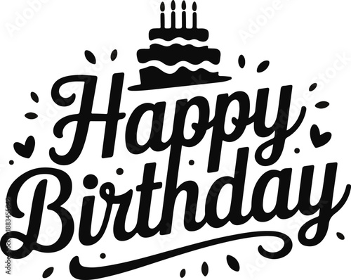 Happy Birthday text with cake and decorative elements