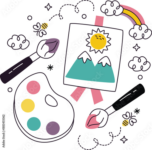 Art Supplies With Painting And Rainbow On White Background canvas easel