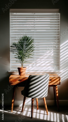 Sunlit desk with plant in tranquil room