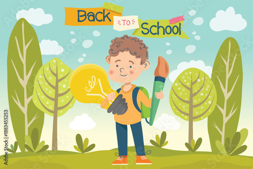 Boy with lightbulb and paintbrush ready for school back to school child