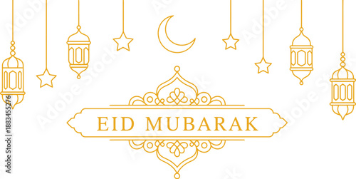 Islamic eid celebration design featuring lanterns stars crescent moon and text on transparent background high-quality professional detailed modern elegant stylish
