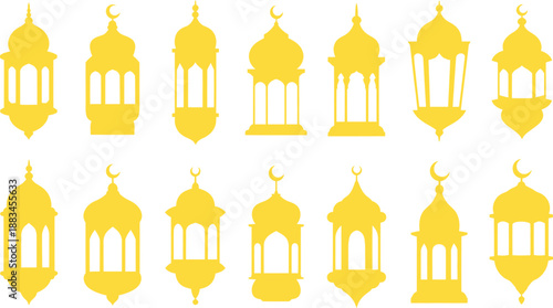 A collection of ornate golden islamic lanterns arranged neatly on transparent background high-quality professional detailed modern elegant stylish clean crisp