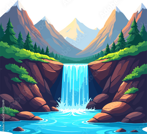 Stylized waterfall with flowing water and rocks. Clean cartoon illustration suitable for games, apps, backgrounds and nature-themed designs