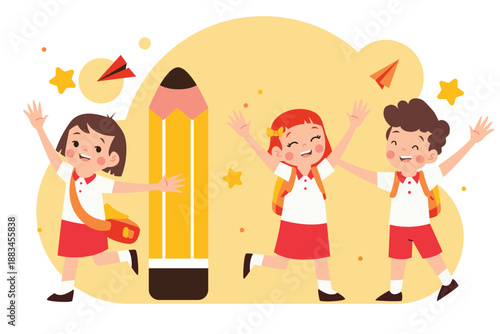 Excited schoolchildren with backpacks and a giant pencil on white background vector
