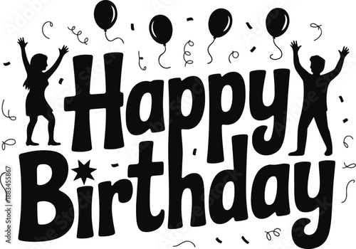 Happy Birthday with dancing figures and festive elements Keywords: happy birthday, celebration