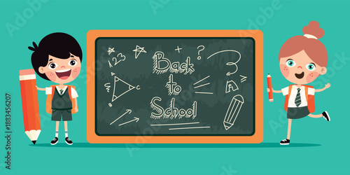 Happy cartoon children with large pencil and blackboard for back to school education