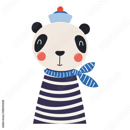 Cute little panda sailor isolated on transparent. Kawaii cartoon character. Hand drawn flat vector illustration. Kids nautical design element, clip art, fashion print, poster, wall art