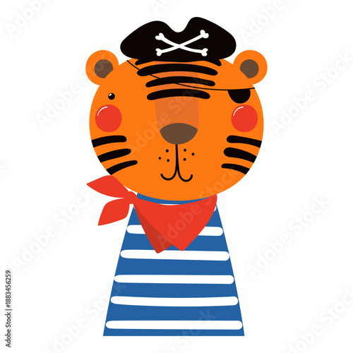 Cute little tiger pirate isolated on transparent. Kawaii cartoon character. Hand drawn flat vector illustration. Kids nautical design element, clip art, fashion print, poster, wall art