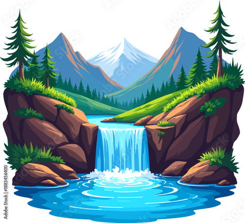 Stylized waterfall with flowing water and rocks. Clean cartoon illustration suitable for games, apps, backgrounds and nature-themed designs