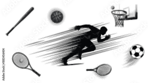Halftone illustration of athlete running with various sports equipment  tennis rackets soccer ball basketball hoop baseball bat and baseball