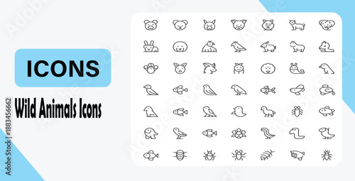 60 minimal line icons of animals including pets farm animals wild animals birds fish reptiles and insects