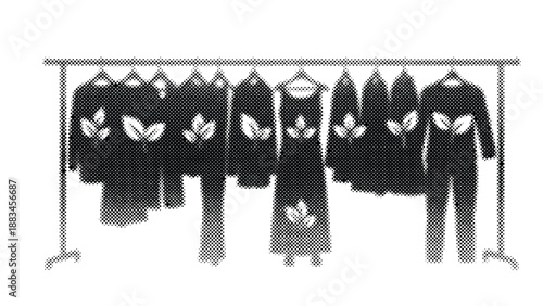 halftone illustration of clothes with leaf design hanging on a rack