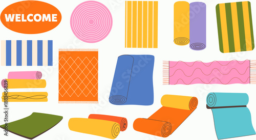 Colorful rugs and floor mats vector set, featuring carpets, welcome mats, and textile patterns, ideal for home decor, interior design projects, and modern interior styling concepts