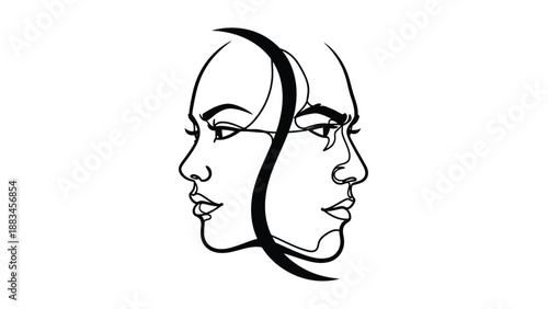 Abstract Yin Yang Style Faces Line Art Illustration