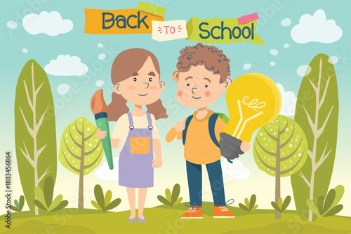 Two children with school supplies and lightbulb in a park setting back to school