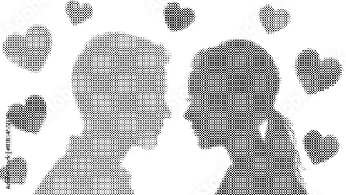 halftone illustration of couple kissing surrounded by hearts on transparent background