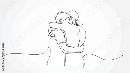 Continuous Line Drawing of Two Men Hugging and Supporting