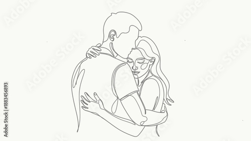 Romantic One Line Drawing of a Couple Hugging Each Other