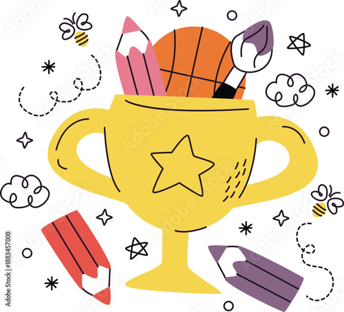 Yellow Trophy With School Supplies And Bees On White Background award winner