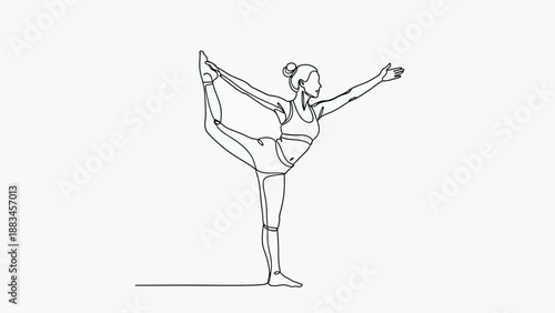Continuous line drawing of woman in yoga dancer pose on white background