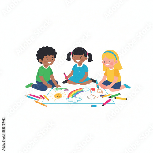 Happy kids drawing together on the floor with colorful crayons, showing creativity, friendship, and early childhood learning.