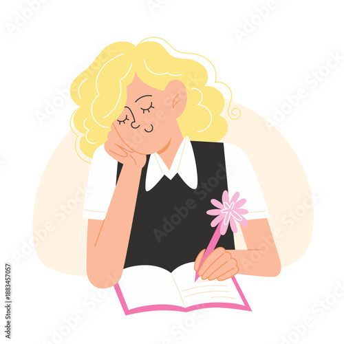 Young girl with blonde curly hair writing in a pink notebook with a flower pen vector
