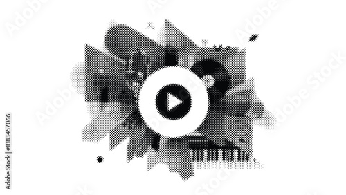 halftone play button icon with abstract shapes and bars