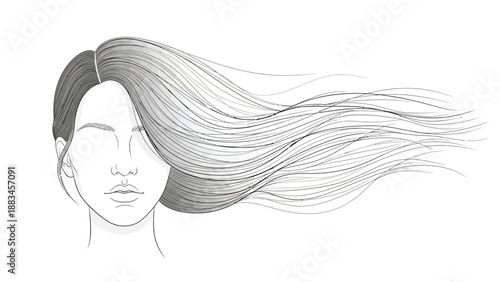 Minimalist line art of a woman with long wavy hair blowing in the wind