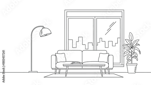 Modern Living Room Interior Line Art with Sofa and City View