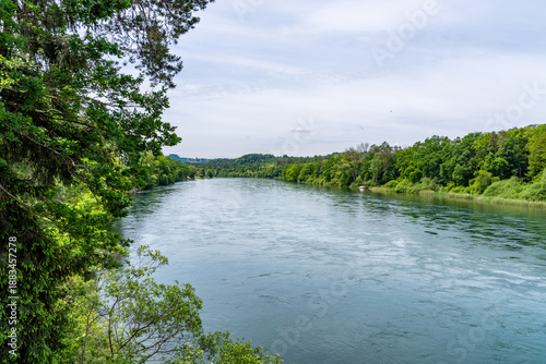 Wide river flowing through green forest landscape