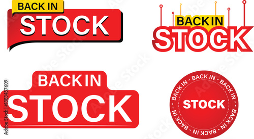 Back in Stock Sale Badge Set – Red and Yellow Promotional Labels on White Background