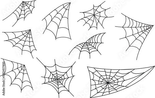 Set of Spider web on transparent background. Collection Spiderweb net. Spooky Halloween cobweb with spiders. Outline vector illustration. scary, horror Halloween. Hand drawn