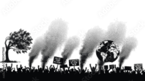 Black and white illustration of tree earth pollution protest signs crowd  environmental activism concept
