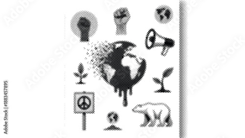 Black and white illustration of eco friendly symbols and icons for environmental awareness and conservation efforts