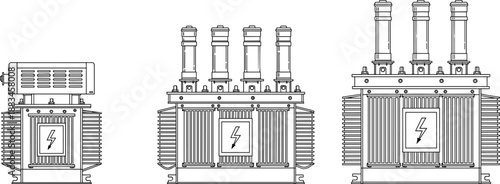 Electrical power transformer set in detailed line art, industrial voltage equipment illustration for energy distribution and engineering design