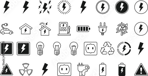 Electricity and energy icon set with lightning symbols, plugs, battery, charging, renewable power and warning signs in outline style