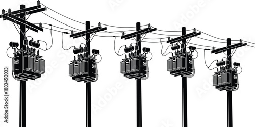Electrical transformer with utility poles and overhead power lines silhouette, electricity distribution network infrastructure illustration isolated on white