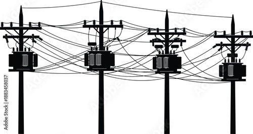 Electrical utility poles with transformers and complex overhead power lines silhouette, industrial electricity distribution network illustration isolated on white