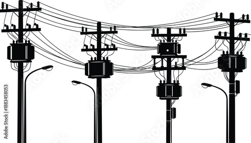 High voltage power transmission towers and electrical substation transformers in industrial energy infrastructure line illustration black white vector design
