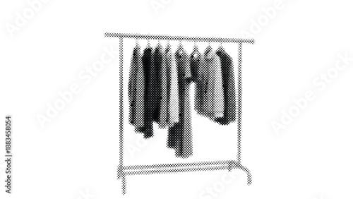 Clothing rack with suits and jackets on hangers in a row on a metal frame