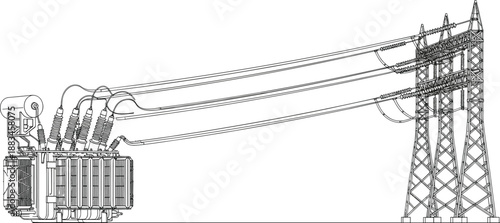 High voltage transformer connected to power transmission tower, detailed electrical engineering line art illustration for energy grid infrastructure design