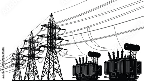 High voltage power transmission towers with electrical substation transformers silhouette, energy infrastructure illustration for electricity distribution and industry