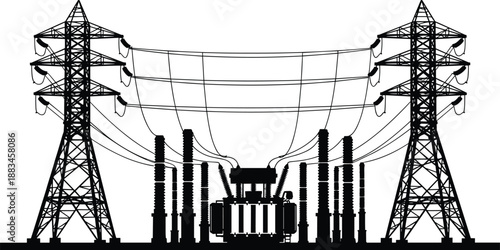 High voltage transmission towers and electrical substation transformer silhouette, power grid infrastructure with overhead lines illustration