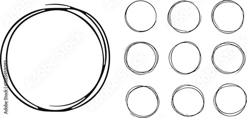 Hand drawn circles line sketch set. Vector circular scribble doodle round circles for message note mark design element. Pencil or pen graffiti bubble or ball draft illustration