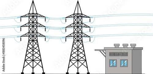 High voltage transmission towers with power lines and electrical substation building, industrial electricity infrastructure illustration on white background