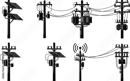 Set of smart utility poles with solar panels, transformers and communication equipment, modern electricity distribution network silhouette