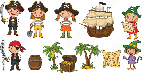 Fun cartoon pirate adventure with kids, pirate ship, treasure map, gold chest, monkey, parrot, island, and palm trees