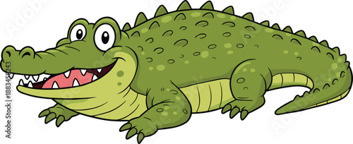 Funny cartoon crocodile smiling with big eyes, adorable green alligator character illustration, cute reptile mascot, isolated vector clipart design