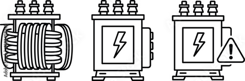 Transformer set icon line art, electrical power equipment symbols including coil, voltage unit and warning sign for energy industry
