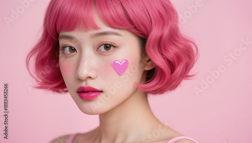 Playful Valentine beauty portrait of a young woman with vibrant pink hair, glossy makeup, and a heart sticker on her cheek. Monochrome pink background, youthful charm, perfect for love-themed ads.